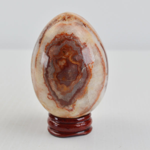 Vintage Alabaster Marble Stone Eggs Polished Brown Swirls Set of 2 w/ Stands 3"