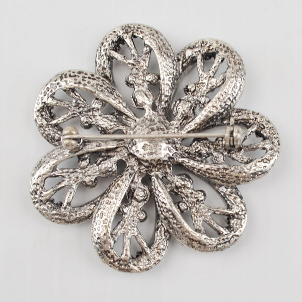 Crystal Filigree Silver Tone Brooch Premier Designs Rhinestone Floral Pin - 2"