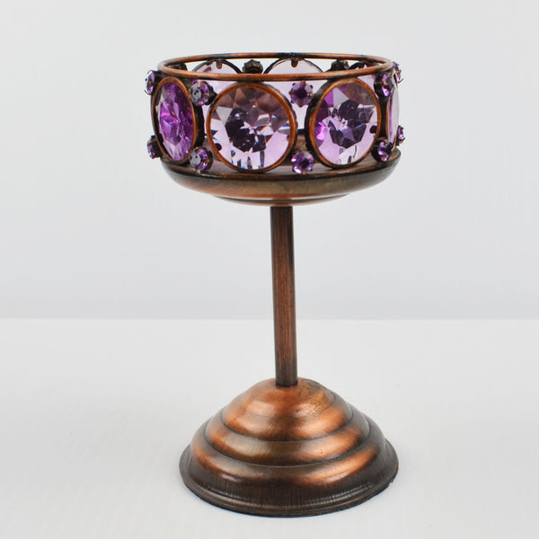 2 Copper Toned Goblet Candle Holder Set - Faceted Amethyst Purple Beaded 5.75"