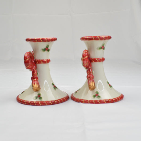 Fitz and Floyd Christmas Bow Candlesticks Candle Holders - Lot of 2