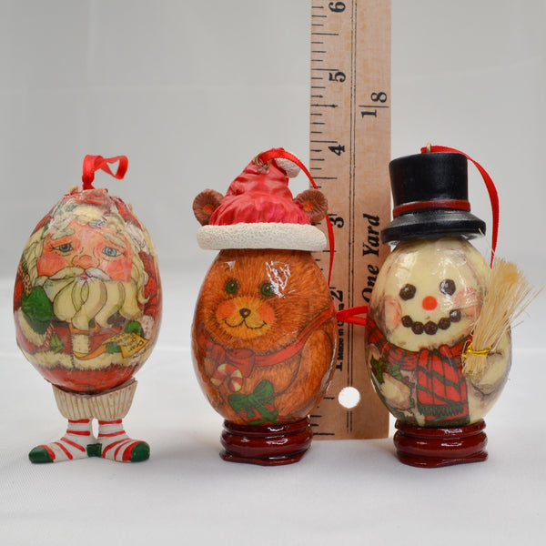 3 Vintage Santa Claus, Snowman, Teddy Bear Christmas Ornaments Paper Mache Eggs