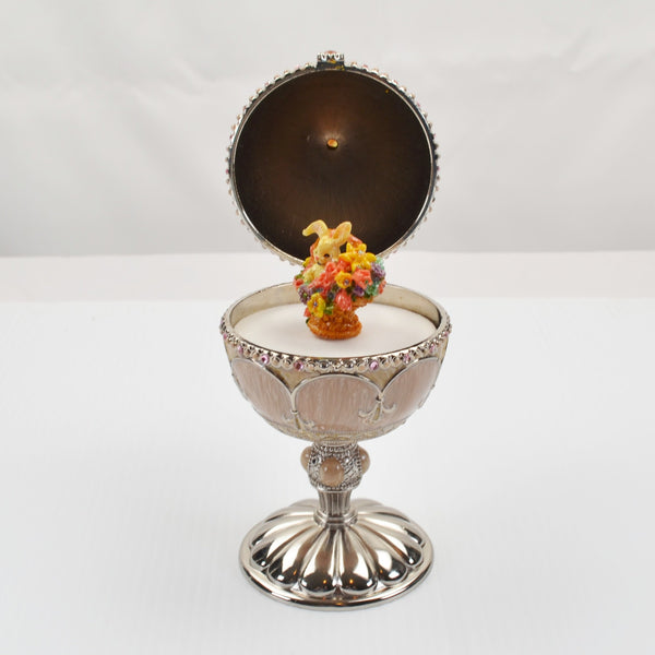 Vintage Enameled Bunny Flower Basket Jeweled Rotating Music Box Egg 6 3/4"