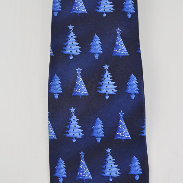 Holiday Mens Necktie Silk Christmas Tie - Blue Christmas Trees Christmas Party