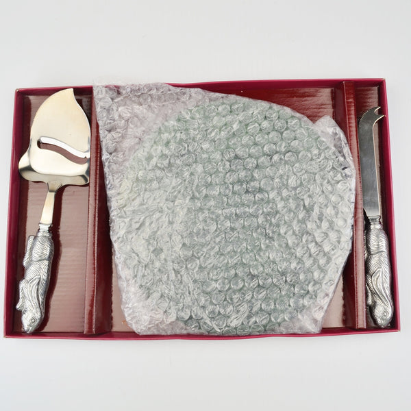 3 Piece Arthur Court Stainless Bunny Rabbit Marble Cheese Board and Knife Set