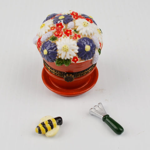National Home Gardening Club Porcelain Trinket Box “Flower Pot” with Bee / Rake