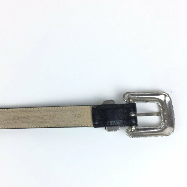Womens Black Leather Belt - Basket Weave Silver Buckle, Conchos - Size Small