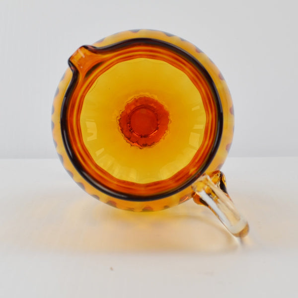 Vintage Hand Blown Art Glass Amber Pitcher Creamer Pedestal Vase Clear Handle 6”
