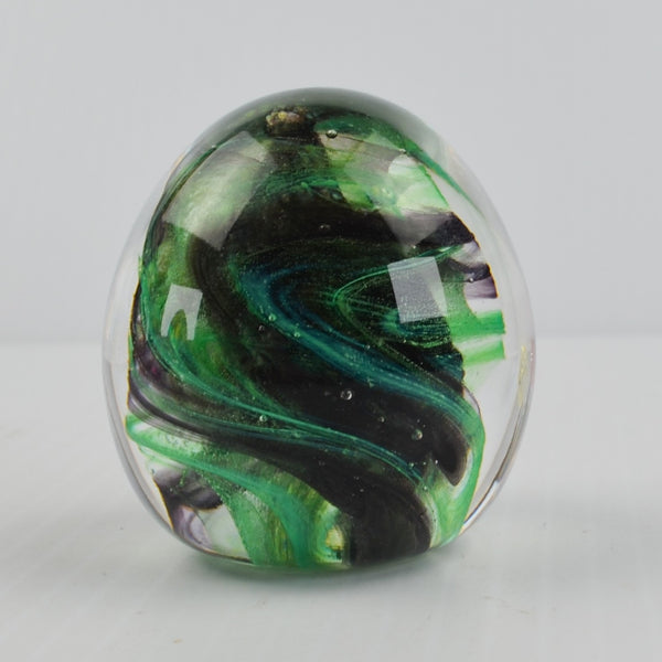 Vintage Glassworks Ireland Glass Paperweight Green Black Swirls - Handmade