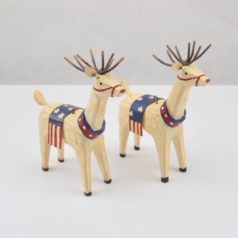 2 Reindeer Ornaments - Carved Resin Patriotic American Flag Christmas Figurines