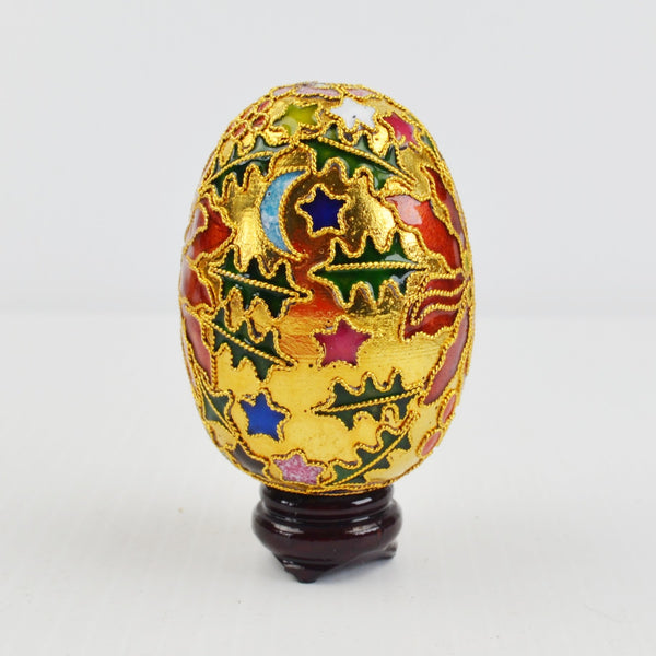 Cloisonne Enameled Metal Egg with Stand Christmas Holiday Poinsettia 2 3/4"