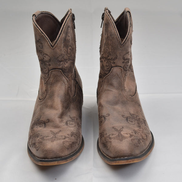 Roper Women's Brown Western Snip Toe Lazer Print Fashion Cowboy Booties Size 9
