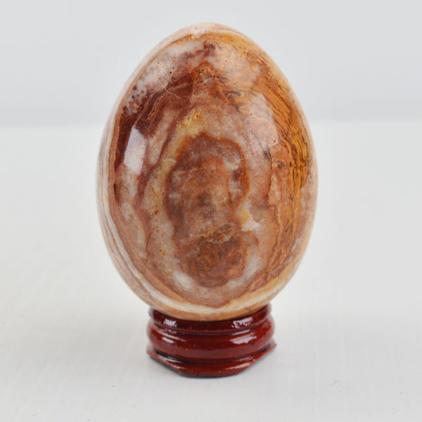 Vintage Alabaster Marble Stone Eggs Polished Brown Swirls Set of 2 w/ Stands 3"
