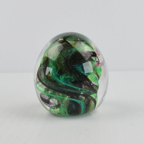Vintage Glassworks Ireland Glass Paperweight Green Black Swirls - Handmade