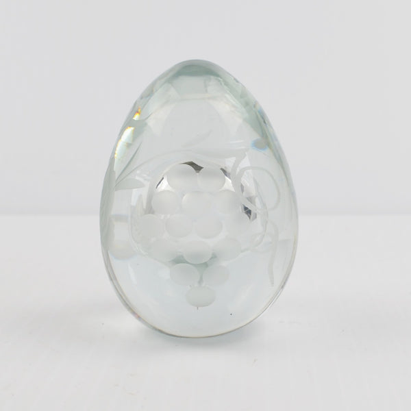 Vintage Clear Glass Egg Paperweight - Etched Cross, Grape Leaf - Egg Shaped