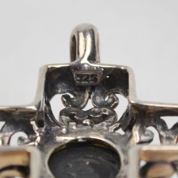 925 Sterling Silver Filagree Cross Pendant 1.75" Black Center Stone 8.9g