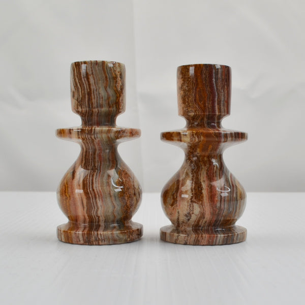 Set Of 2 Natural Alabaster Taper Candle Holders Candlesticks - 4" Marble Stone