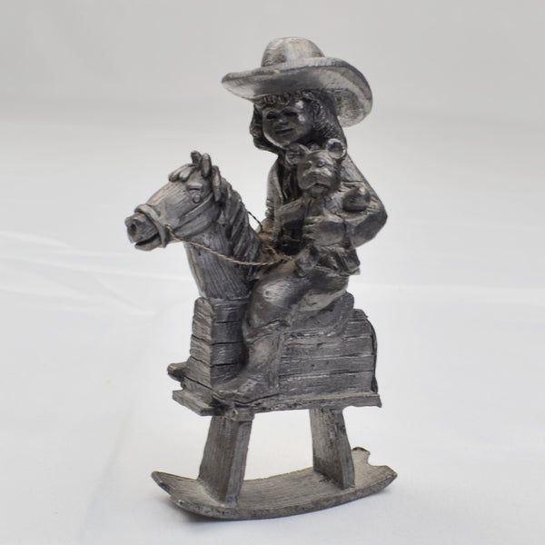 Pewter Cowgirl On Rocking Horse Figurine by Michael Ricker 3057/3500 1982 4.5"
