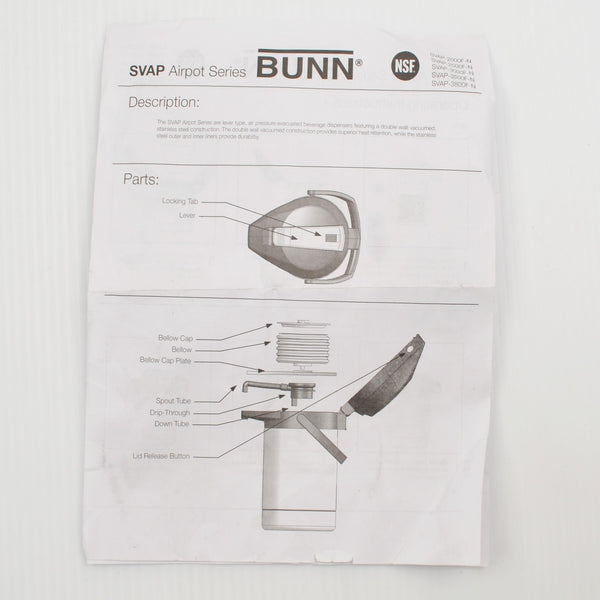 BUNN 3 Liter Lever-Action Airpot - Stainless Steel - Model 32130 Coffee Carafe