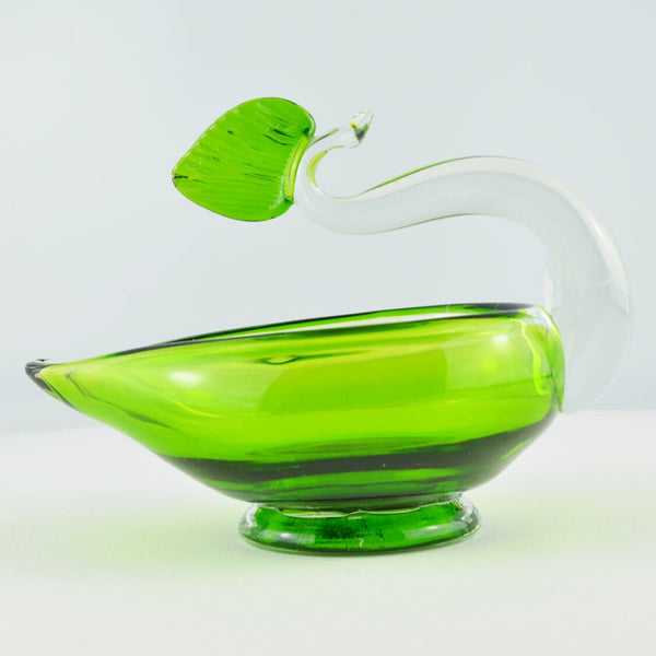 APCO Green Glass Leaf Cigar Ashtray - Blown Art Glass - Vintage Candy Dish Bowl