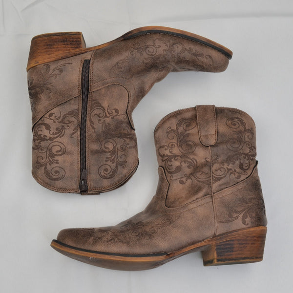 Roper Women's Brown Western Snip Toe Lazer Print Fashion Cowboy Booties Size 9