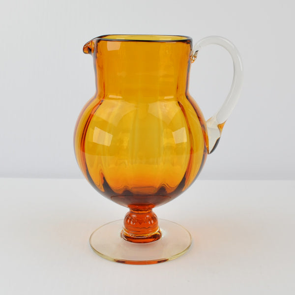Vintage Hand Blown Art Glass Amber Pitcher Creamer Pedestal Vase Clear Handle 6”