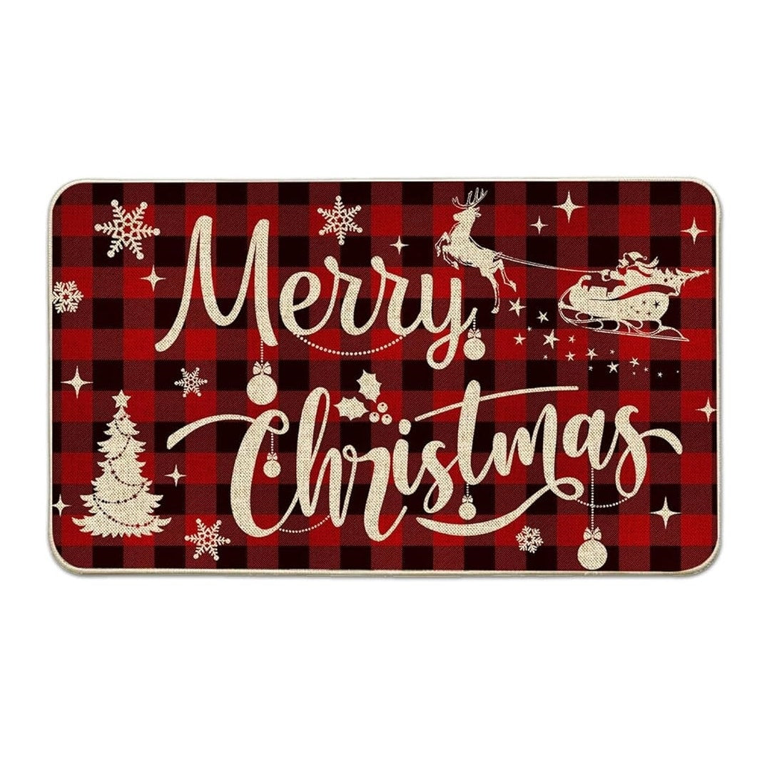 Printed Nylon Kitchen Rug 17"x29" - Buffalo Plaid, Merry Christmas Santa Sleigh