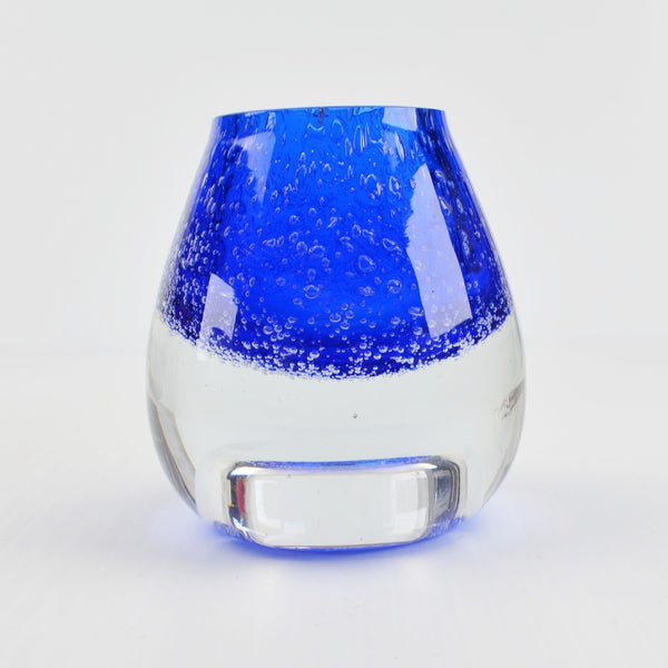 Vtg Hand Blown Blue Bubble Art Glass Crystal Votive Candle Holder Paperweight