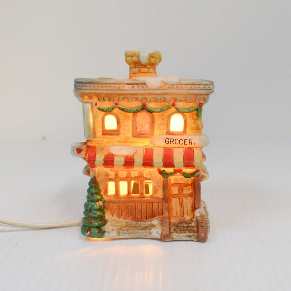 Lot 3 Mini Christmas Village Houses, Fabric Shop, Bakery, Grocery + Light Cords