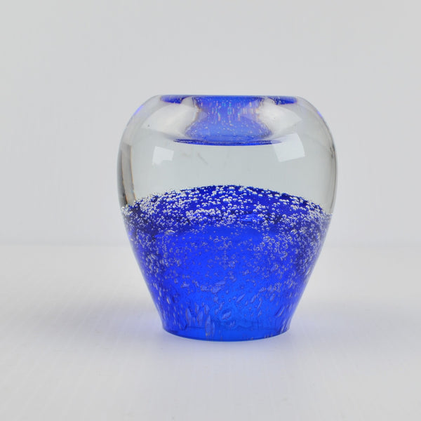 Vtg Hand Blown Blue Bubble Art Glass Crystal Votive Candle Holder Paperweight