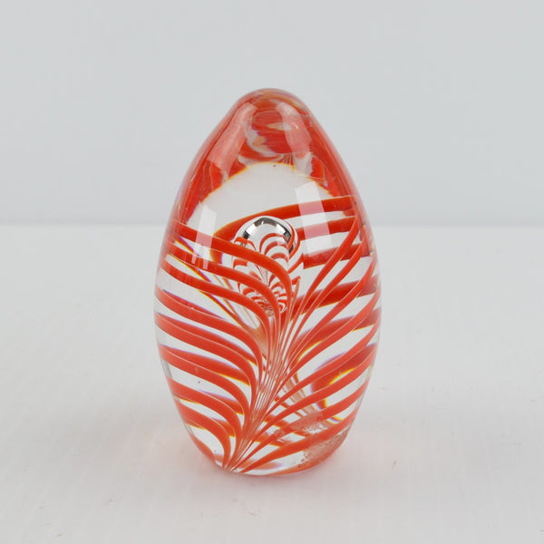 Vintage Studio Ahus Sweden Art Glass Egg Paperweight Red Swirl - 1997 Signed