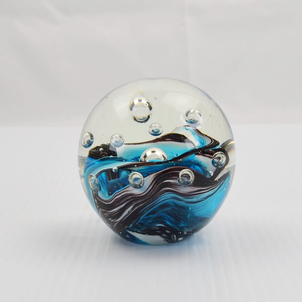 Vintage Paperweight Controlled Bubble Blue Swirl Art Glass Orb Murano Style 3"