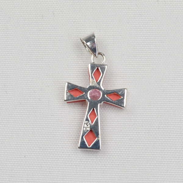 925 Sterling Silver Pink Rhinestone Small Cross Pendant 1.25" Mother of Pearl