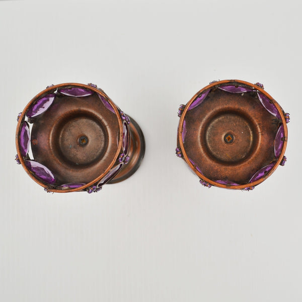2 Copper Toned Goblet Candle Holder Set - Faceted Amethyst Purple Beaded 5.75"