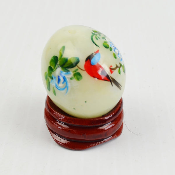 Vintage Hand Painted Marble Mini Egg Polished Light Pale Green, Wood Stand 1.5"