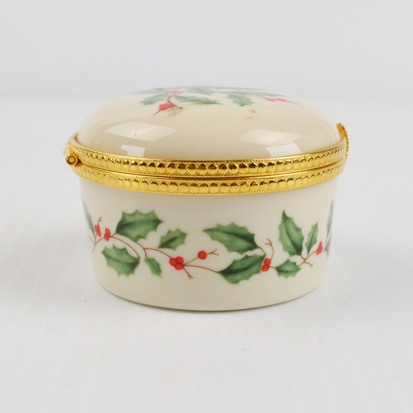 Lenox Porcelain Christmas Hinged Holly Berry Gold Trim Trinket Box 2" Diameter