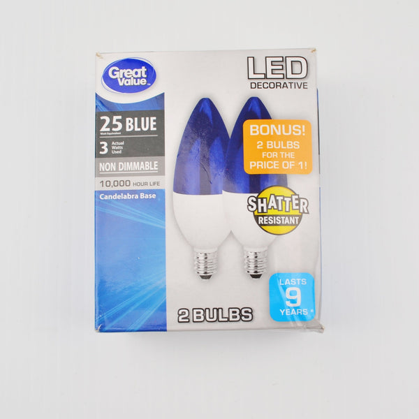 LED Blue 2 Replacement Light Bulbs E12 Candelabra Base, Not Dimmable Great Value