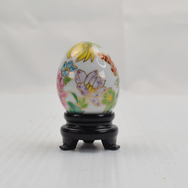 Vintage Hand Painted Porcelain Mini Egg Polished Floral Gold Trim Wood Stand 2"