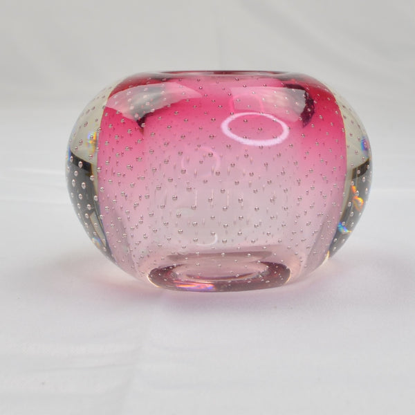 Vtg Hand Blown Pink Bubble Art Glass Crystal Votive Candle Holder Paperweight
