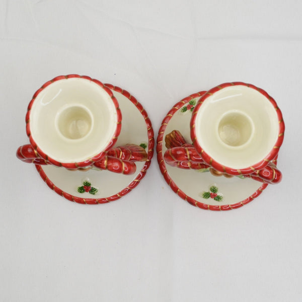 Fitz and Floyd Christmas Bow Candlesticks Candle Holders - Lot of 2
