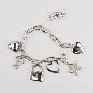 Park Lane Heart Charm Bracelet Silver Tone, Rhinestone, Chunky, Key, Lock, Star