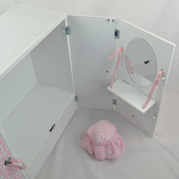 18" Doll Wardrobe Closet - American Girl, Our Generation - Wood, Mirror, Stool