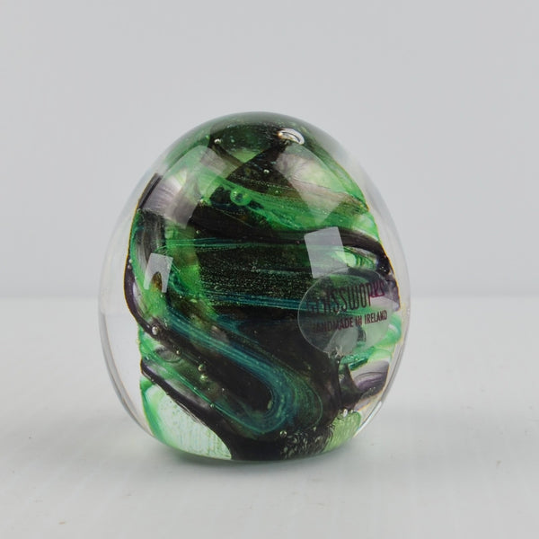 Vintage Glassworks Ireland Glass Paperweight Green Black Swirls - Handmade
