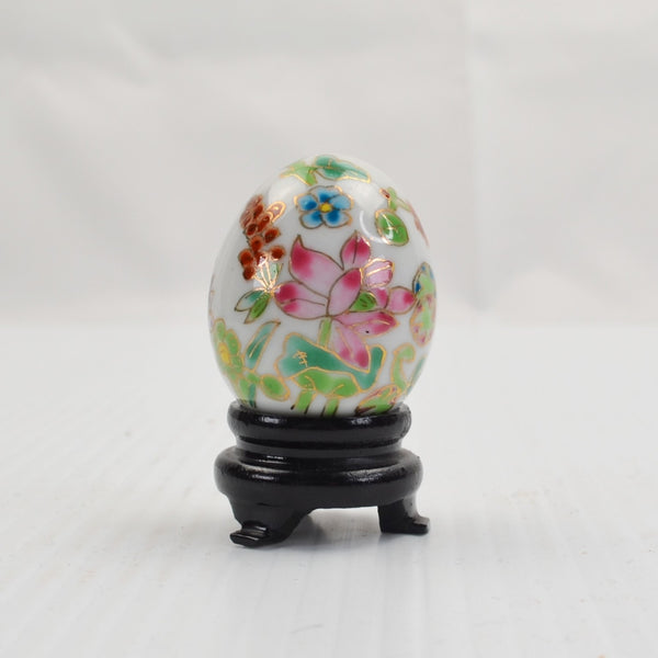Vintage Hand Painted Porcelain Mini Egg Polished Floral Gold Trim Wood Stand 2"