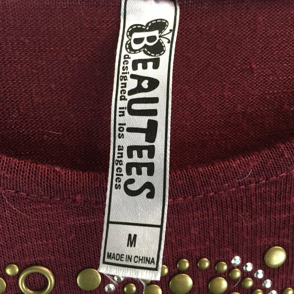Beautees Womens Top - Maroon Bottom Fringe - Size Medium - Embellished