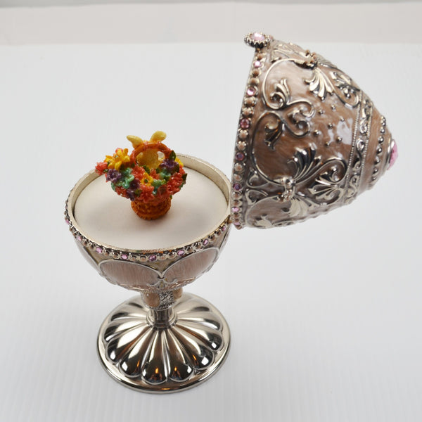 Vintage Enameled Bunny Flower Basket Jeweled Rotating Music Box Egg 6 3/4"