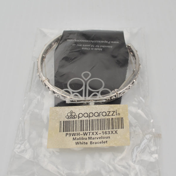 Silver Tone Bar White Bead Stretch Bracelet - Filigree Rectangle Bar Bangle