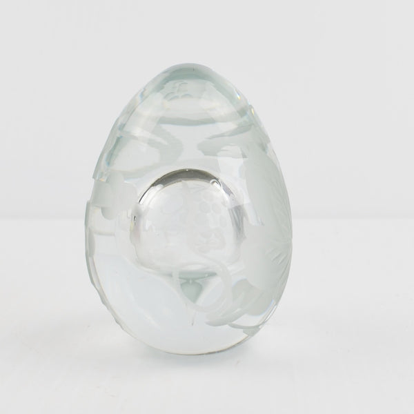 Vintage Clear Glass Egg Paperweight - Etched Cross, Grape Leaf - Egg Shaped