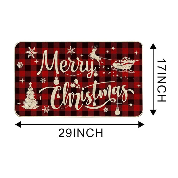 Printed Nylon Kitchen Rug 17"x29" - Buffalo Plaid, Merry Christmas Santa Sleigh