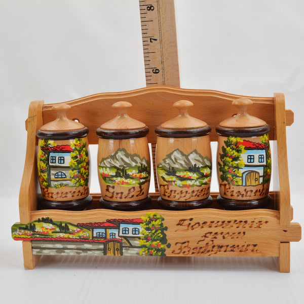 Vintage Souvenir Spice Rack: Bulgaria Wooden Spice Jars - Hand Painted Folk Art