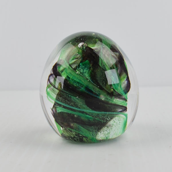 Vintage Glassworks Ireland Glass Paperweight Green Black Swirls - Handmade